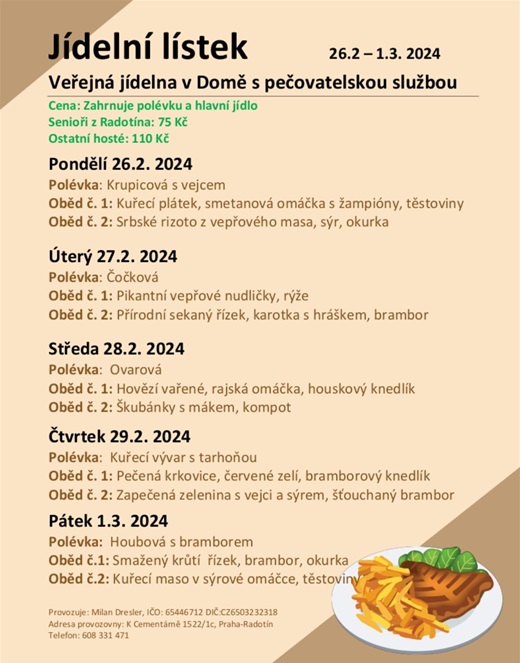 Menu veřejné jídelny v domě s pečovatelskou službou na týden od 26. února do 1. března 2024 Menu veřejné jídelny v domě s pečovatelskou službou na týden od 26. února do 1. března 2024