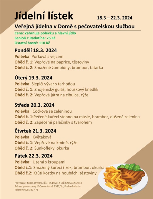 Menu veřejné jídelny v domě s pečovatelskou službou od 18. do 22. března 2024 Menu veřejné jídelny v domě s pečovatelskou službou od 18. do 22. března 2024