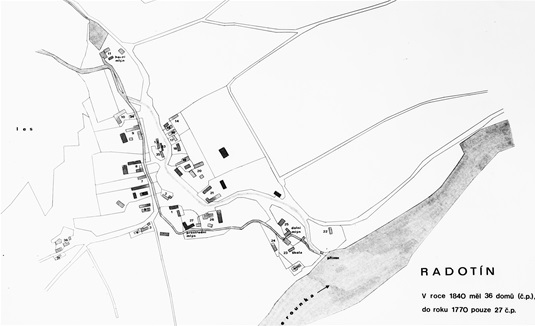 Mapa. Do roku 1840 měl Radotín 36 domů. Do roku 1770 to bylo pouze 27 čísel popisných. 