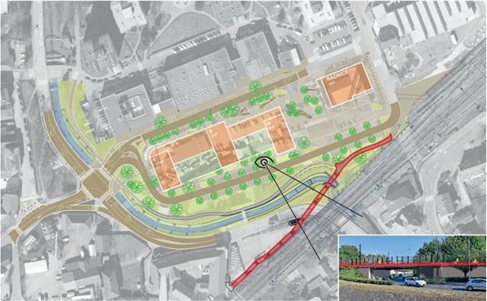 Vizualizace nového mostu pro pěší a cyklisty přes Radotínský potok a rušnou silnici II. třídy