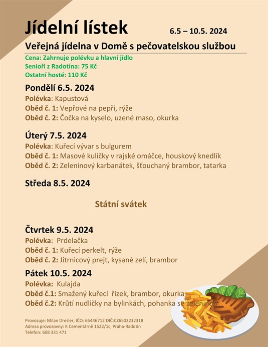 Menu veřejné jídelny v domě s pečovatelskou službou od 6. do 10. května 2024 Menu veřejné jídelny v domě s pečovatelskou službou od 6. do 10. května 2024