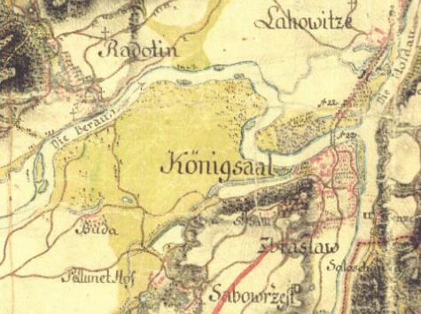 Mapa z roku 1776, na níž je vidět původní tok řeky Berounky uhýbající za Radotínem ke Zbraslavi. Mapa z roku 1776, na níž je vidět původní tok řeky Berounky uhýbající za Radotínem ke Zbraslavi.
