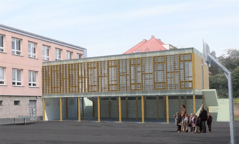 Vizualizace přístavby Školní jídelny Praha - Radotín. Autor: Ing. arch. Petr Šindelář