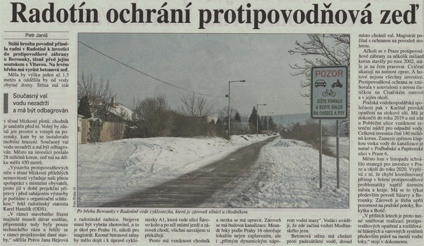Název: Radotín ochrání protipovodňová zeď | Právo | 13.1.2017 | Strana 10 | Praha - Střední Čechy | Autor: Petr Janiš
