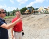 Zástupce starosty Mgr. Miroslav Knotek a starosta Mgr. Karel Hanzlík na kontrole nově budovaného schodiště v ZŠ, 25.7.2014