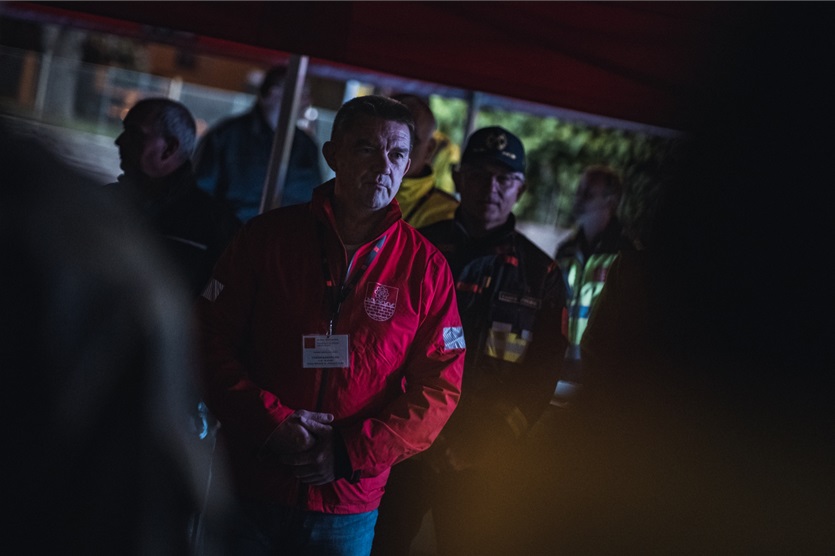 Radotínský starosta Karel Hanzlík při úvodním zahájení cvičení stavby protipovodňových opatření, 21.10.2022
Foto: Fb profil HZS Praha